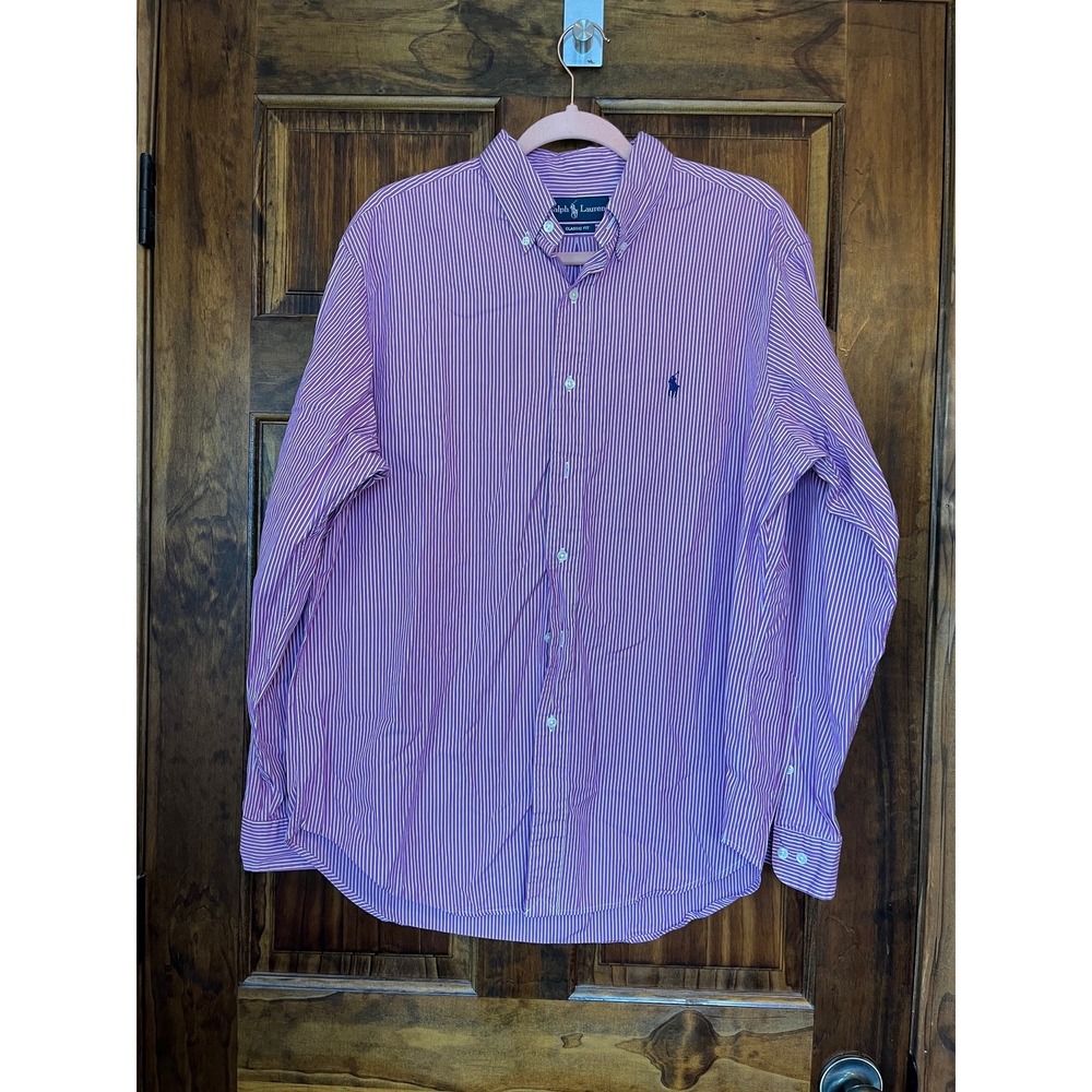 Ralph Lauren Classic Fit Mens Pink‎ White Stripe Button Down Shirt